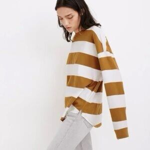 EUC Madewell Women's Long-Sleeve Striped Crewneck Tee Brown/Mustard Size Medium